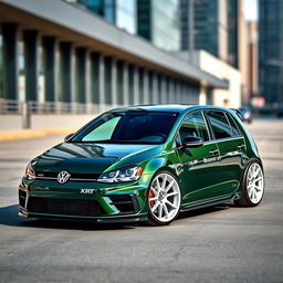 A sleek dark green MK7 VW Golf R fitted with a sporty body kit and eye-catching white rims