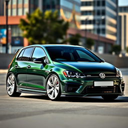 A sleek dark green MK7 VW Golf R fitted with a sporty body kit and eye-catching white rims