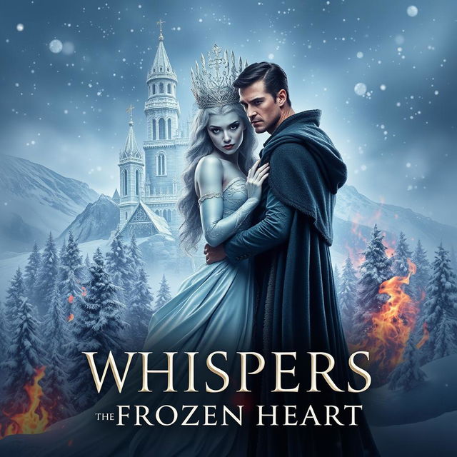 A mesmerizing fantasy book cover for "WHISPERS OF THE FROZEN HEART