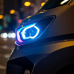 A detailed close-up shot of a Suzuki Aerio featuring a costume headlamp that has a unique and creative design, enhancing the car's aesthetics
