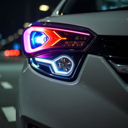 A detailed close-up shot of a Suzuki Aerio featuring a costume headlamp that has a unique and creative design, enhancing the car's aesthetics