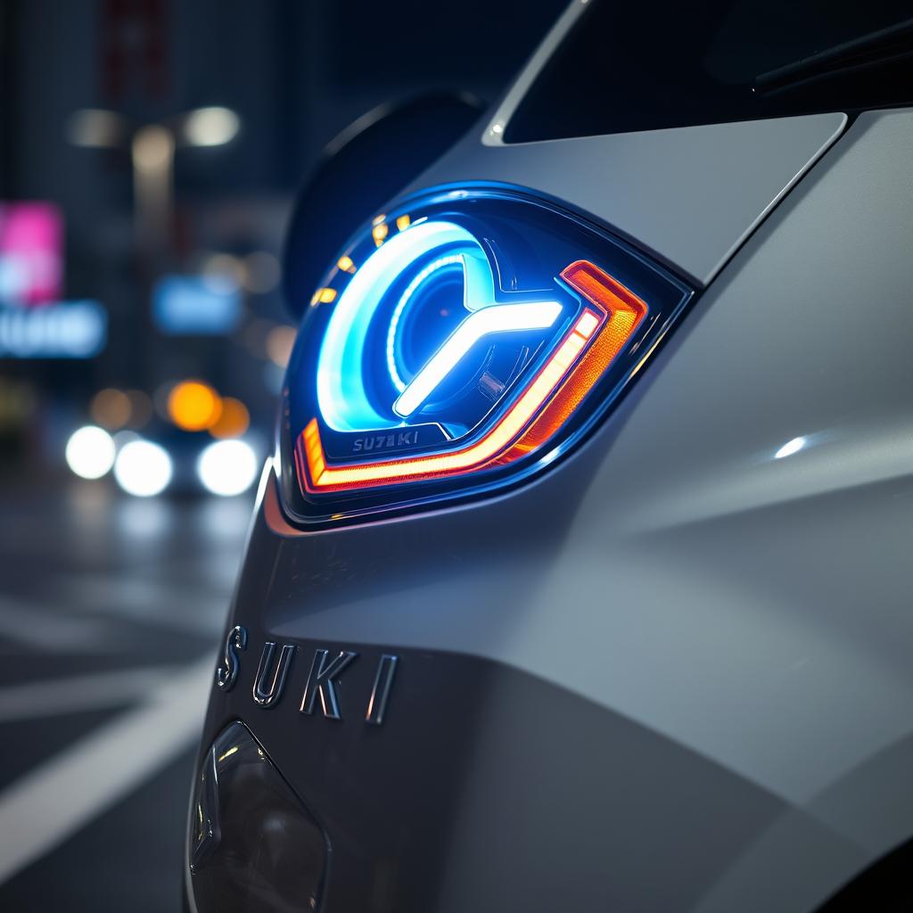 A detailed close-up shot of a Suzuki Aerio featuring a costume headlamp that has a unique and creative design, enhancing the car's aesthetics