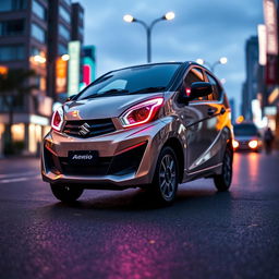 A stunning full-body image of a Suzuki Aerio showcasing a creatively designed costume headlamp that stands out with its unique artistic flair