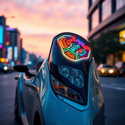 A stunning full-body image of a Suzuki Aerio showcasing a creatively designed costume headlamp that stands out with its unique artistic flair