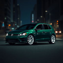 A dark green MK7 VW Golf R with an aggressive body kit and striking white rims, set against a moody, dimly-lit city backdrop