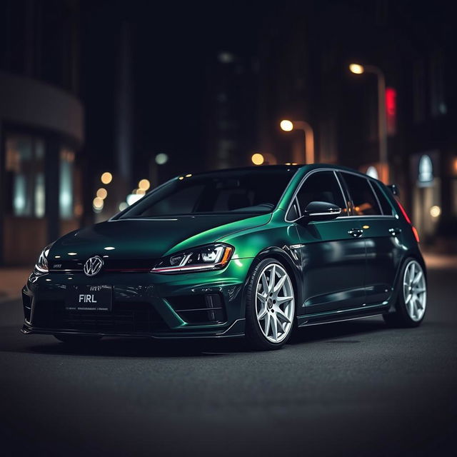 A dark green MK7 VW Golf R with an aggressive body kit and striking white rims, set against a moody, dimly-lit city backdrop