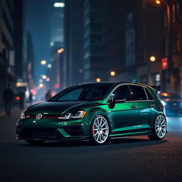 A dark green MK7 VW Golf R with an aggressive body kit and striking white rims, set against a moody, dimly-lit city backdrop