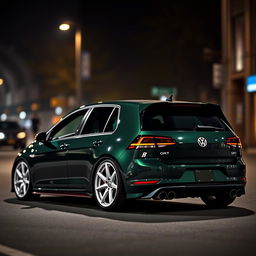 A dark green MK7 VW Golf R with an aggressive body kit and sleek white rims, parked in a dimly lit, atmospheric city street