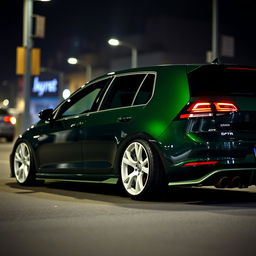 A dark green MK7 VW Golf R with an aggressive body kit and sleek white rims, parked in a dimly lit, atmospheric city street