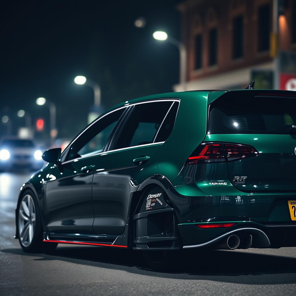 A dark green MK7 VW Golf R with an aggressive body kit and sleek white rims, parked in a dimly lit, atmospheric city street