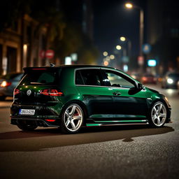 A dark green MK7 VW Golf R with an aggressive body kit and sleek white rims, parked in a dimly lit, atmospheric city street
