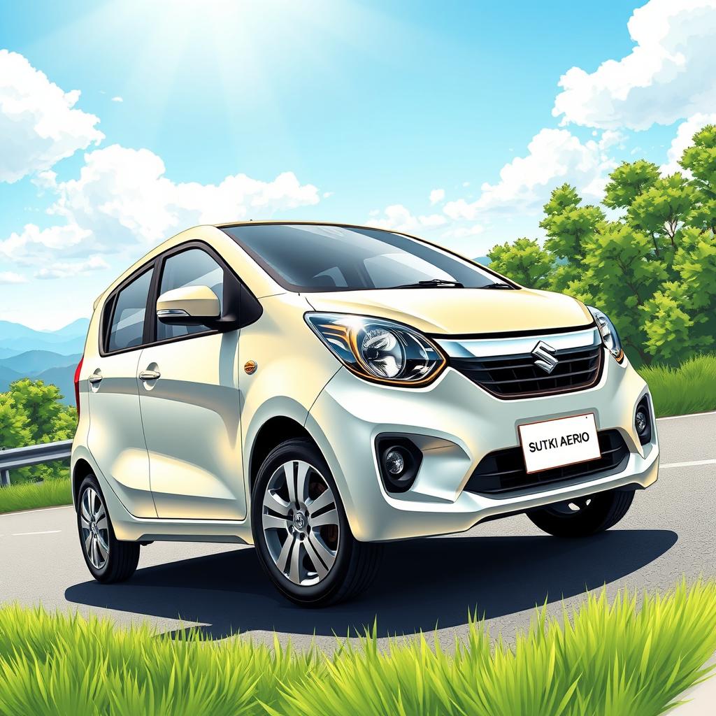 A detailed illustration of a Suzuki Aerio car, showcasing its sleek design, smooth curves, and modern features