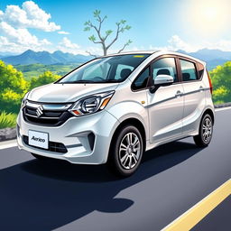 A detailed illustration of a Suzuki Aerio car, showcasing its sleek design, smooth curves, and modern features