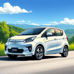 A detailed illustration of a Suzuki Aerio car, showcasing its sleek design, smooth curves, and modern features