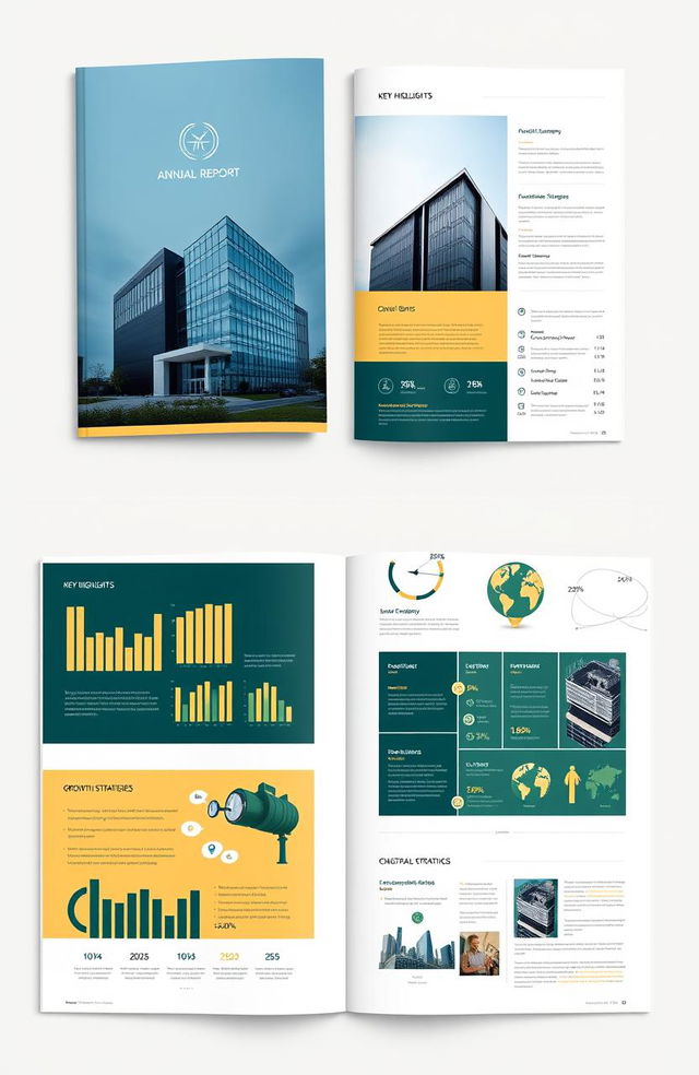 An elegant and modern annual report design for a bank, featuring a clean and professional layout with a focus on financial data and performance metrics