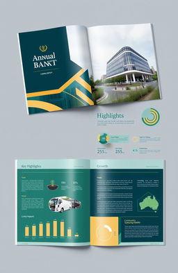 An elegant and modern annual report design for a bank, featuring a clean and professional layout with a focus on financial data and performance metrics