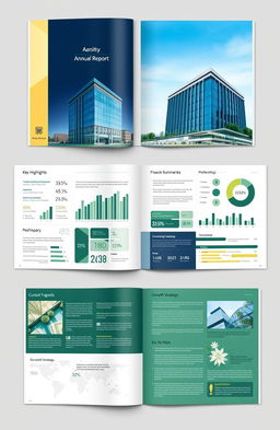 An elegant and modern annual report design for a bank, featuring a clean and professional layout with a focus on financial data and performance metrics