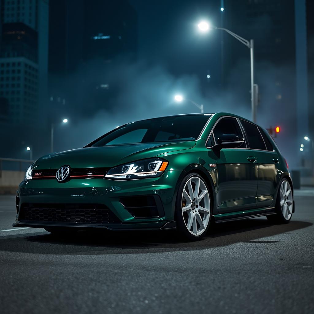 A dark green MK7 VW Golf R with an aggressive body kit featuring sharp edges and an aerodynamic design