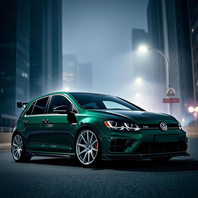 A dark green MK7 VW Golf R with an aggressive body kit featuring sharp edges and an aerodynamic design