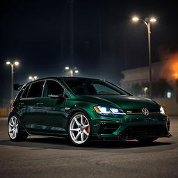 A dark green MK7 VW Golf R with an aggressive body kit featuring sharp edges and an aerodynamic design