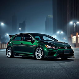 A dark green MK7 VW Golf R with an aggressive body kit featuring sharp edges and an aerodynamic design