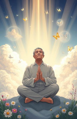 A deeply reflective scene illustrating a person contemplating their life with a serene expression, surrounded by ethereal, glowing light symbolizing judgment