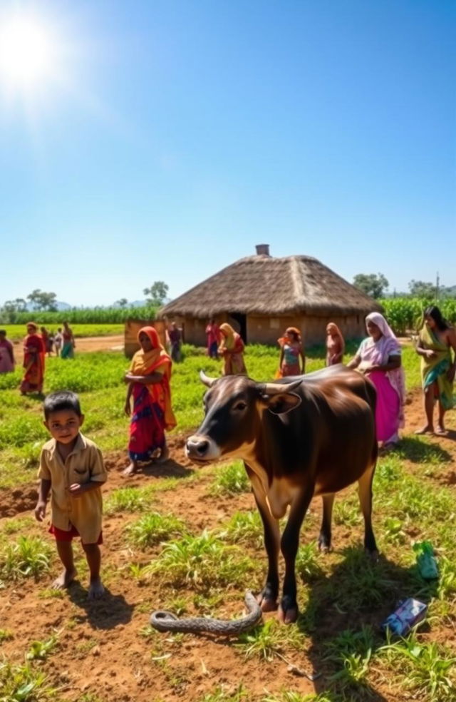 A vibrant rural scene showing a diverse group of women engaged in agricultural activities on fertile farmland