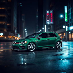 A dark green MK7 VW Golf R with an aggressive body kit featuring sharp edges and a sporty aesthetic