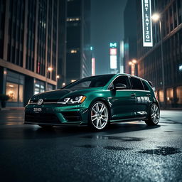 A dark green MK7 VW Golf R with an aggressive body kit featuring sharp edges and a sporty aesthetic