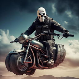 A rifle-armed kidnapper wearing a skeleton face mask and a normal bullet-proof vest, soaring in the sky on a futuristic hover-bike.