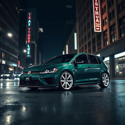A dark green MK7 VW Golf R with an aggressive body kit featuring sharp edges and a sporty aesthetic
