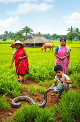 A vibrant scene showcasing women working on an agricultural land surrounded by lush green crops, with a traditional house in the background
