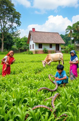 A vibrant scene showcasing women working on an agricultural land surrounded by lush green crops, with a traditional house in the background