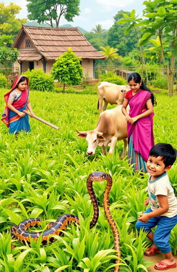 A vibrant scene showcasing women working on an agricultural land surrounded by lush green crops, with a traditional house in the background