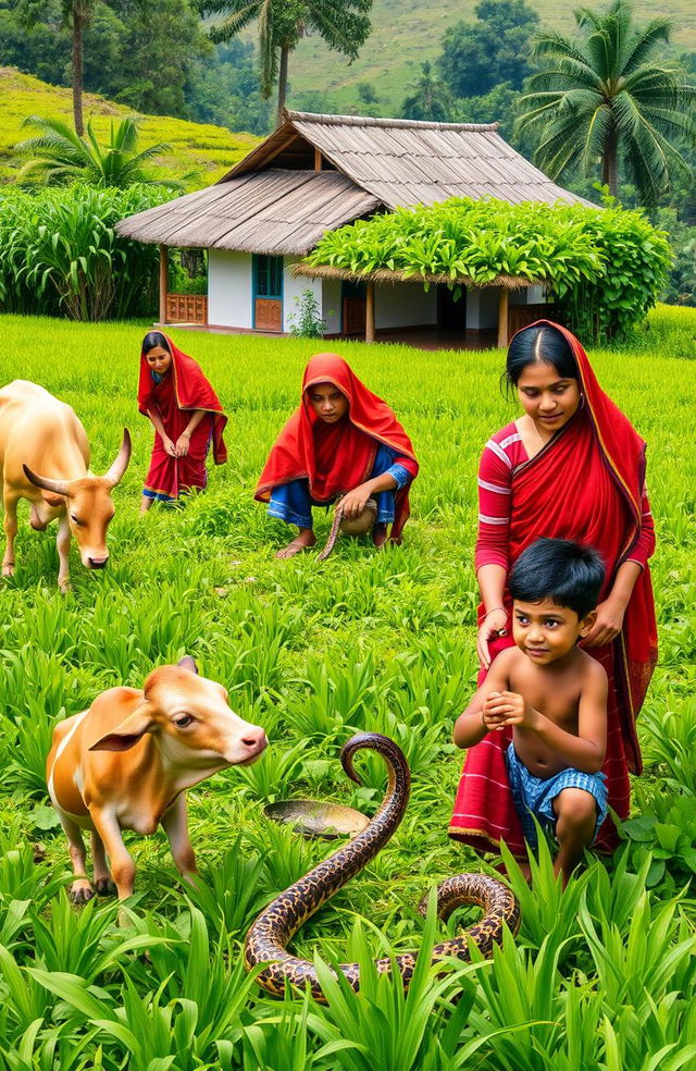 A vibrant scene showcasing women working on an agricultural land surrounded by lush green crops, with a traditional house in the background