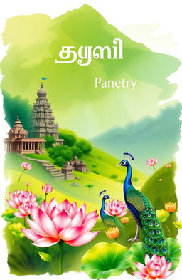 An enchanting and vibrant cover design for a Tamil poetry book, featuring elements that reflect the rich cultural heritage of Tamil Nadu