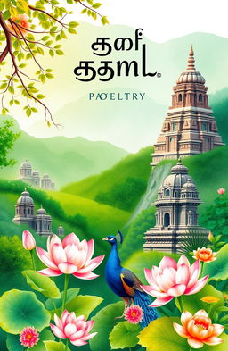 An enchanting and vibrant cover design for a Tamil poetry book, featuring elements that reflect the rich cultural heritage of Tamil Nadu