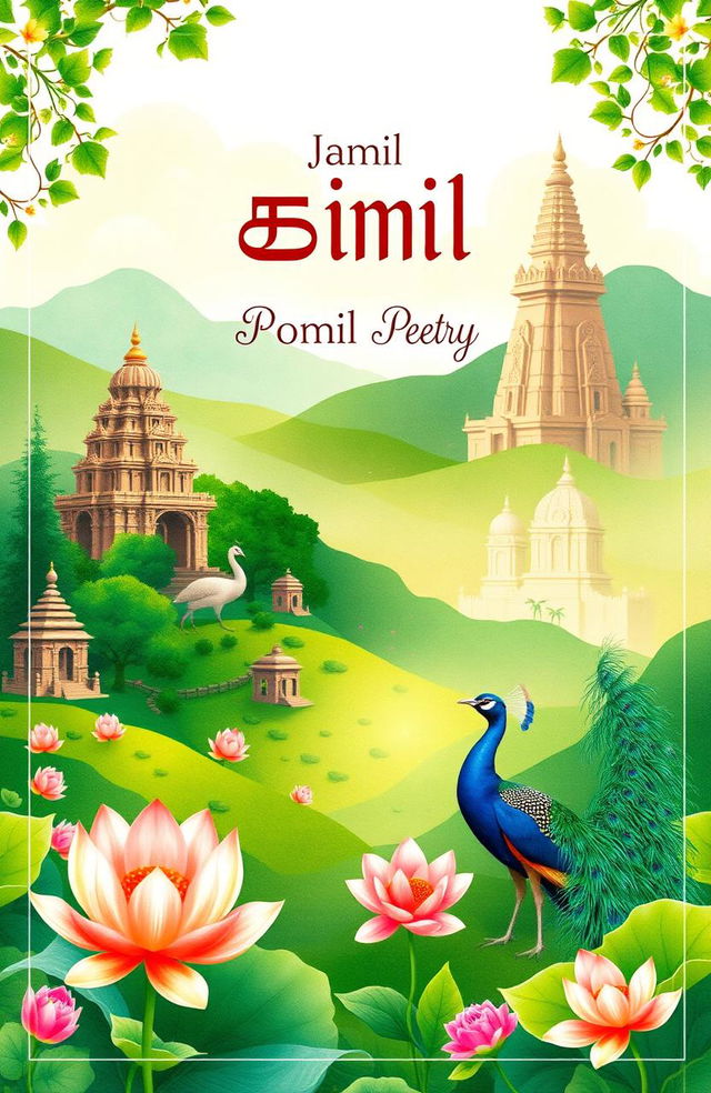 An enchanting and vibrant cover design for a Tamil poetry book, featuring elements that reflect the rich cultural heritage of Tamil Nadu