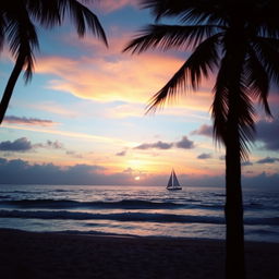 A soft, artistic representation of a serene and peaceful beach scene during a sunset, capturing the multicolored sky reflected on the gentle waves of the ocean