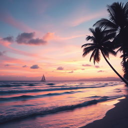 A soft, artistic representation of a serene and peaceful beach scene during a sunset, capturing the multicolored sky reflected on the gentle waves of the ocean