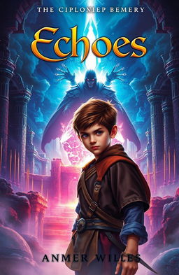 A captivating book cover for a medieval sci-fi fantasy titled 'Echoes', featuring a young boy named Reyes with a determined expression, standing in a mystical world