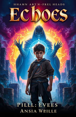 A captivating book cover for a medieval sci-fi fantasy titled 'Echoes', featuring a young boy named Reyes with a determined expression, standing in a mystical world