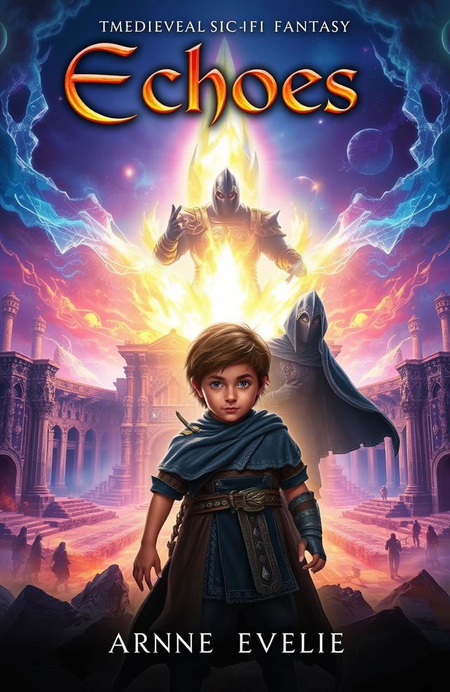 A captivating book cover for a medieval sci-fi fantasy titled 'Echoes', featuring a young boy named Reyes with a determined expression, standing in a mystical world