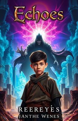 A captivating book cover for a medieval sci-fi fantasy titled 'Echoes', featuring a young boy named Reyes with a determined expression, standing in a mystical world