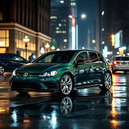 A dark green MK7 VW Golf R with an aggressive body kit and bold white rims, captured from a higher 3/4 side angle to reveal more of the bonnet and its sleek lines