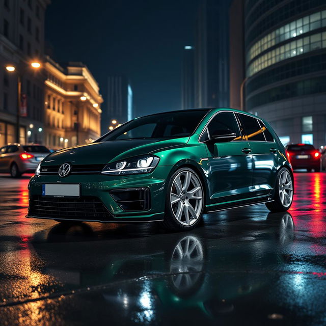 A dark green MK7 VW Golf R with an aggressive body kit and bold white rims, captured from a higher 3/4 side angle to reveal more of the bonnet and its sleek lines