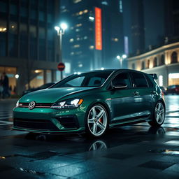 A dark green MK7 VW Golf R with an aggressive body kit and bold white rims, captured from a higher 3/4 side angle to reveal more of the bonnet and its sleek lines