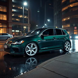 A dark green MK7 VW Golf R with an aggressive body kit and bold white rims, captured from a higher 3/4 side angle to reveal more of the bonnet and its sleek lines