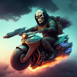 A rifle-armed kidnapper with a skeleton face mask and a normal bullet-proof vest, riding on a futuristic fantasy hover-bike, traversing the sky.