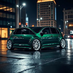 A dark green MK7 VW Golf R featuring a very aggressive body kit that emphasizes its sporty design with sharp angles and bold contours